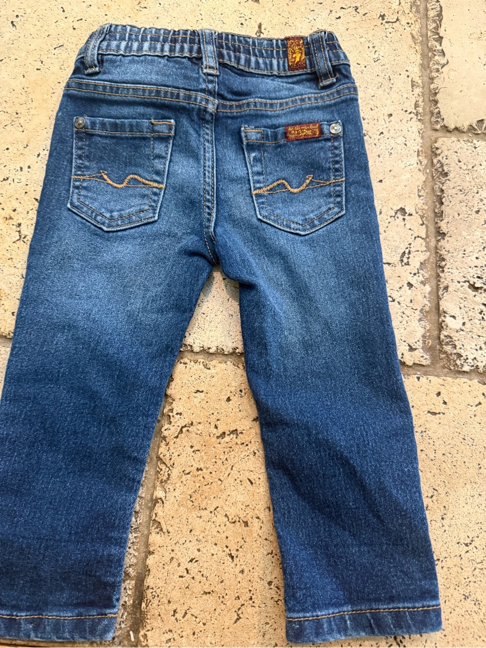 7 For All Mankind Dark Blue Denim Jeans with Tan Stitching